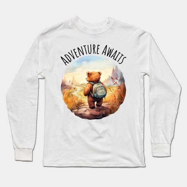 Adventure Awaits Adorable Bear camping backpacking design Long Sleeve T-Shirt by Luxinda